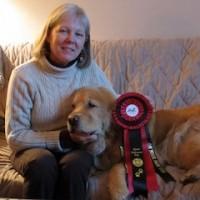 Woman sitting on a couch with a golden retriever wearing a red award ribbon.